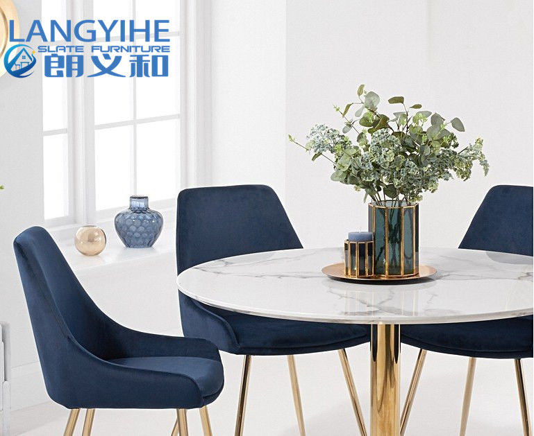 ISO 9001 120cm ringsum Marmoreffekt-Speisetisch mit Fern Velvet Chairs Blue