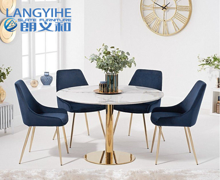 ISO 9001 120cm ringsum Marmoreffekt-Speisetisch mit Fern Velvet Chairs Blue