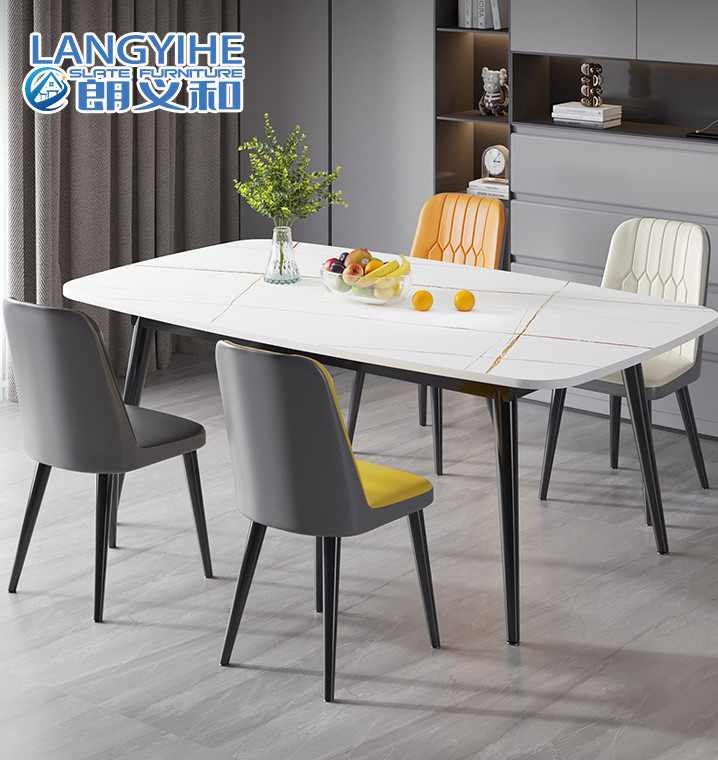 Metallminimalist-Marmor-Speisetisch-und Stuhl-Kombinations-ovale Form